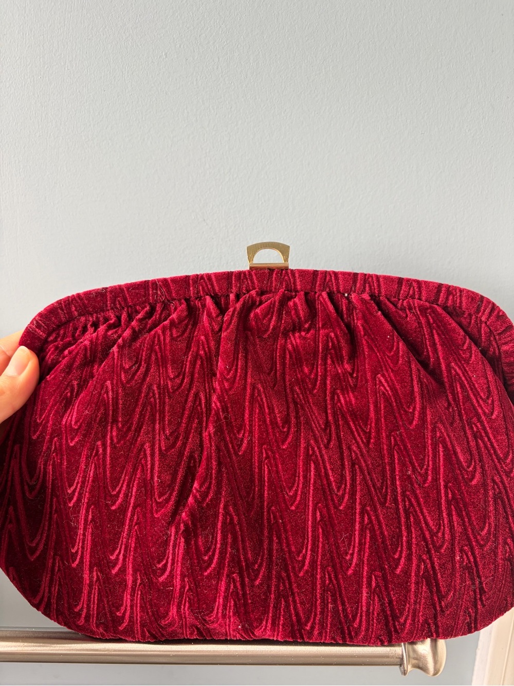 Plum Velvet Ruched Evening Clutch with Gold Accent